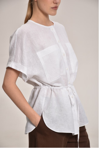 Buy white Overlap Back Slit Linen Shirt 2028ш-01 color white
